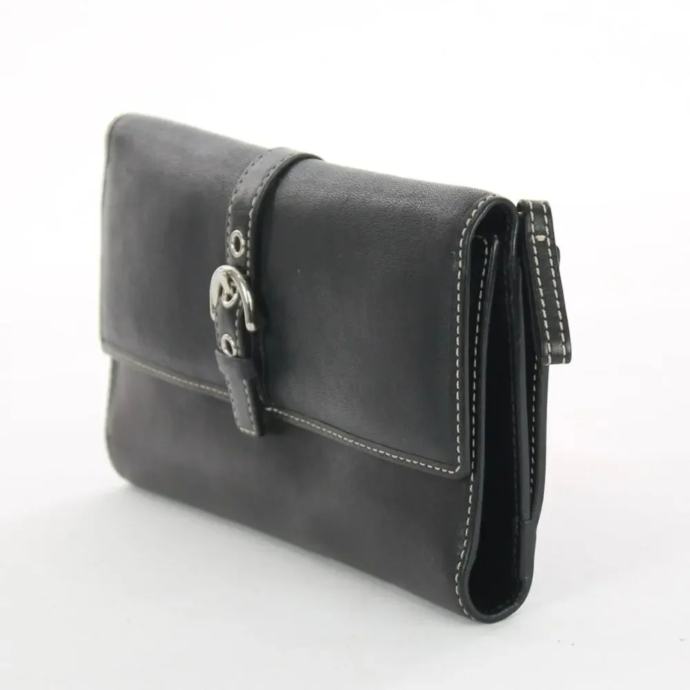 Coach Vintage Black Leather Silver Buckle Trifold Checkbook Wallet